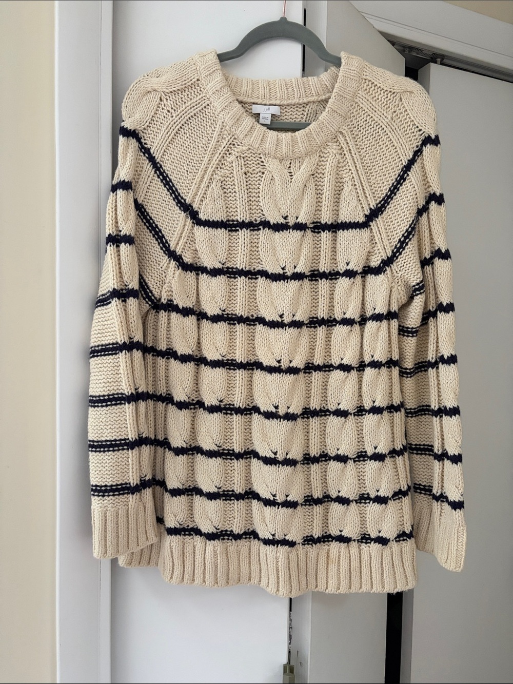 J. Jill Cream Cable Knit Sweater with Navy Stripes